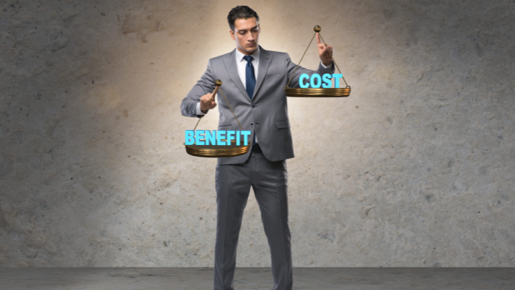Man in a suit weighing cost and benefits